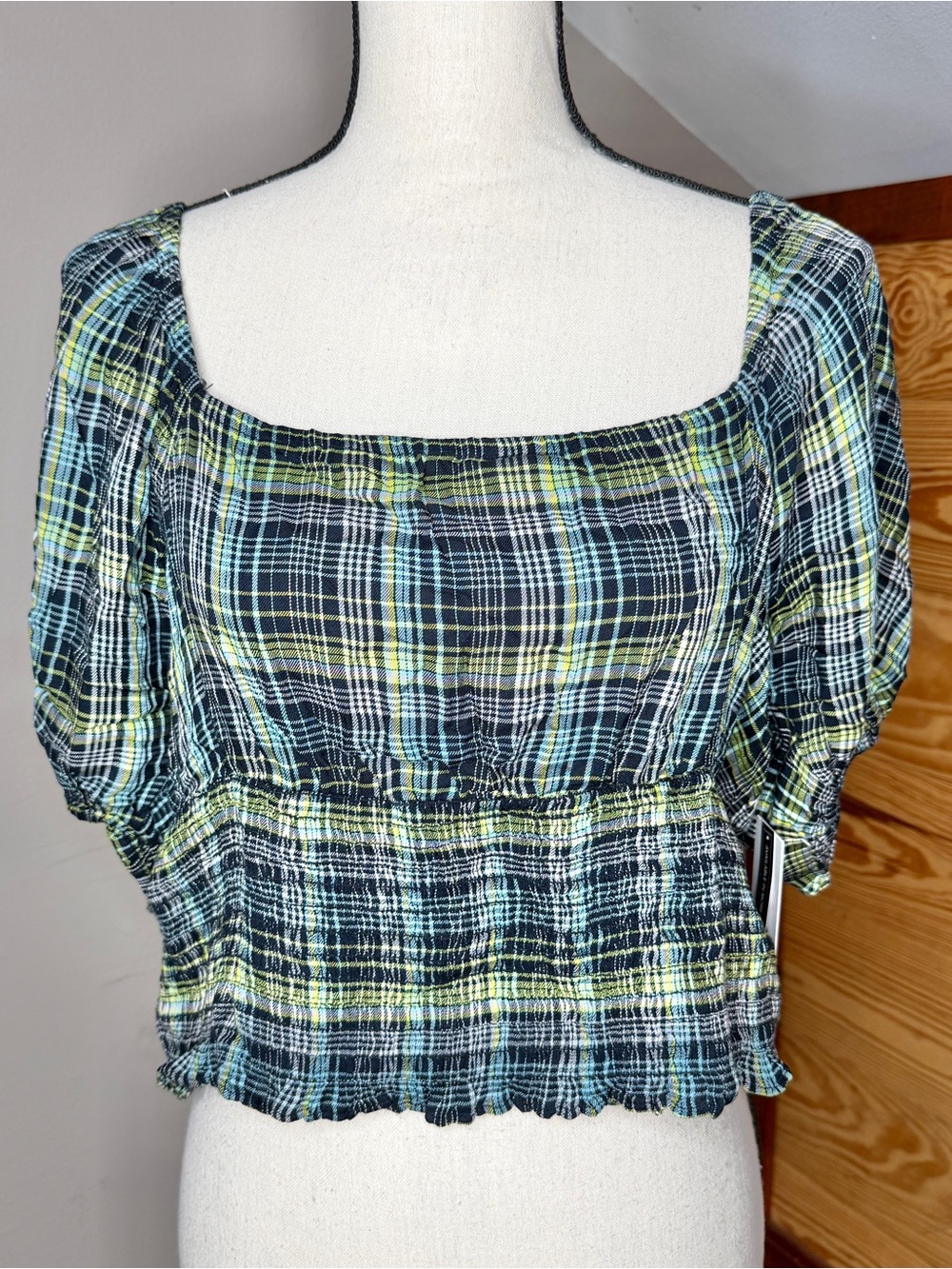 BP Plaid Square Neck Smocked Crop Top Blouse 1X Green Blue Black NWT Plus Size